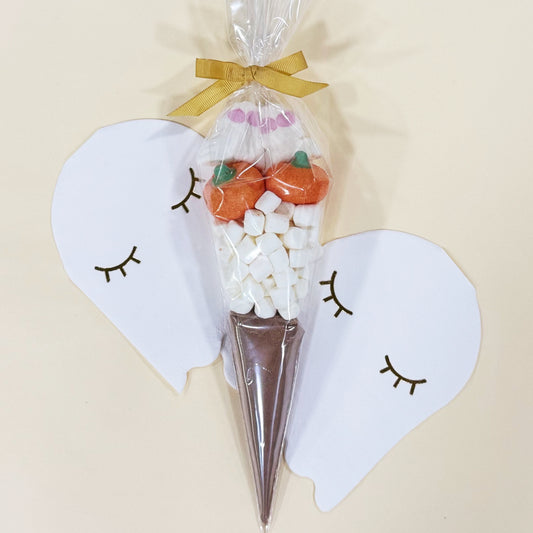 Pre Filled Halloween Hot Chocolate Cone - 2 Ghost, 2 Orange Pumpkin Marshmallows