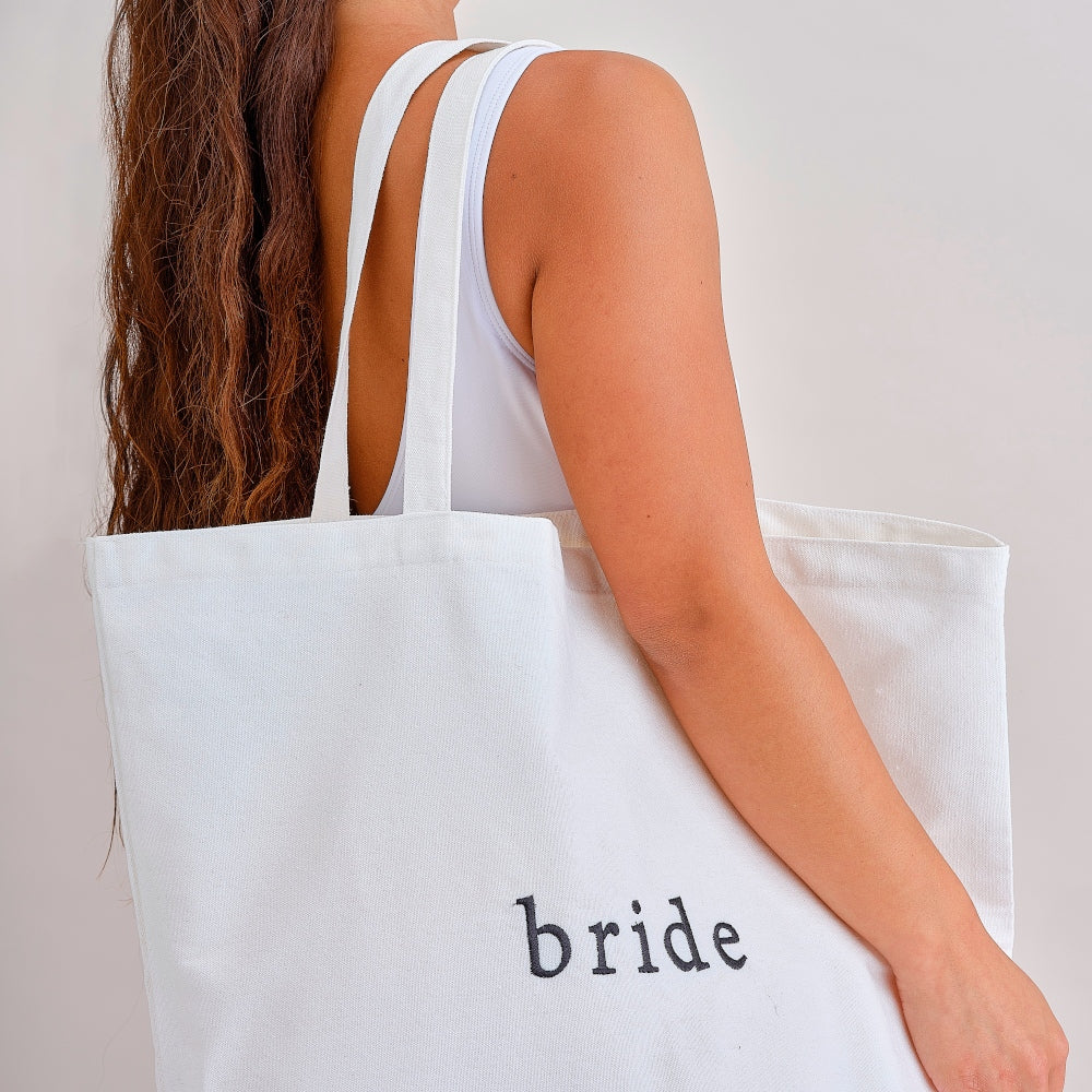 White Embroidered Bride Tote Bag