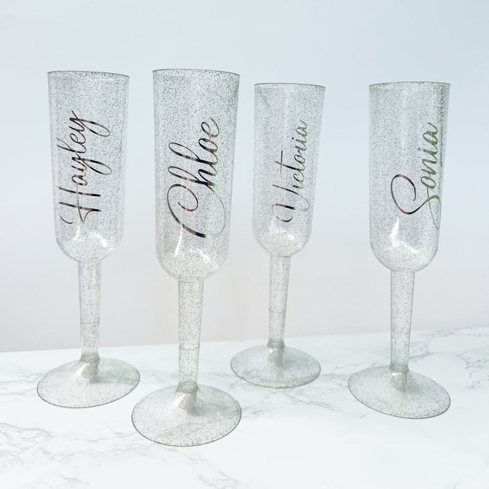 Personalised Silver Glitter Plastic Champagne Flute