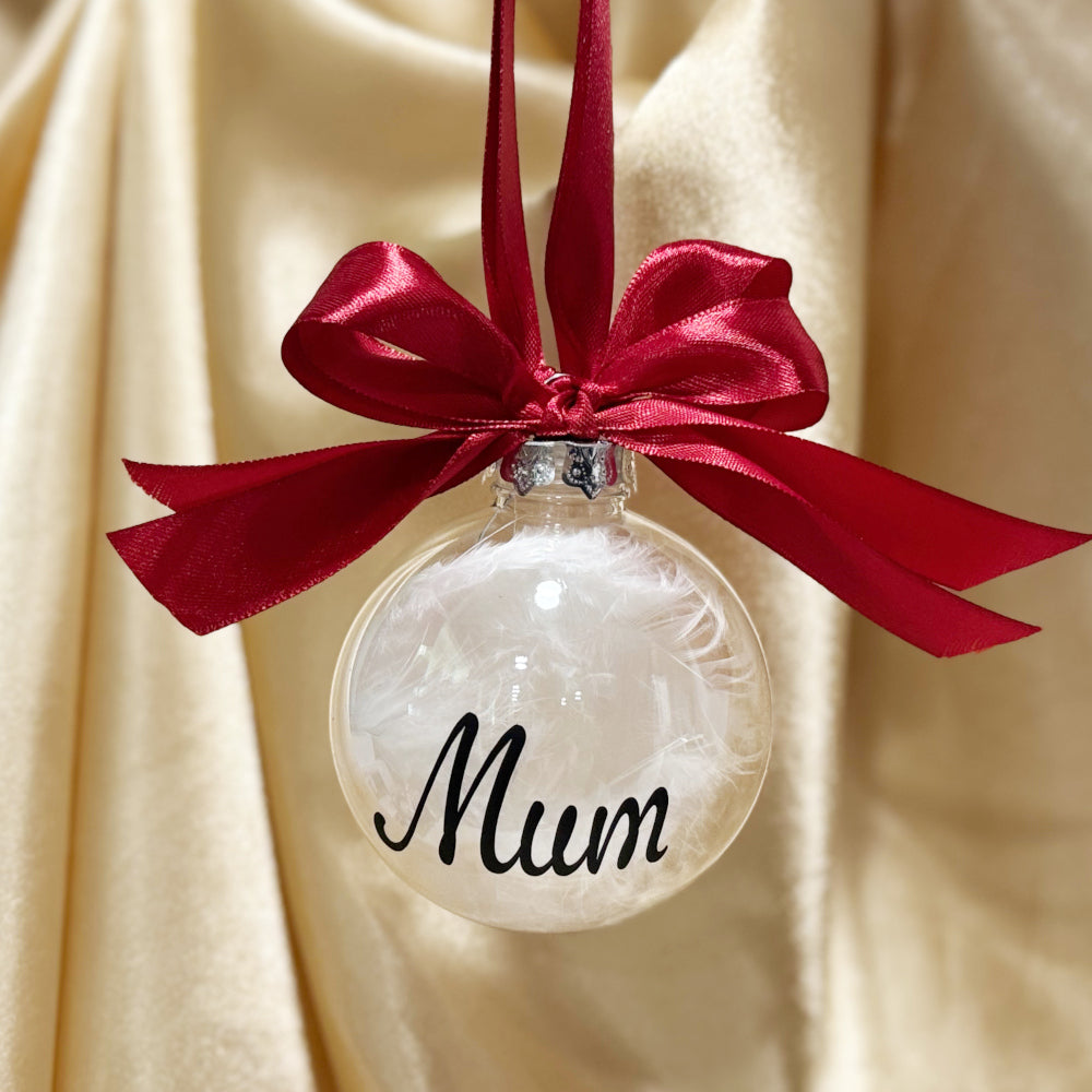 Personalised Feather Christmas Tree Bauble with Double Ribbon Tie
