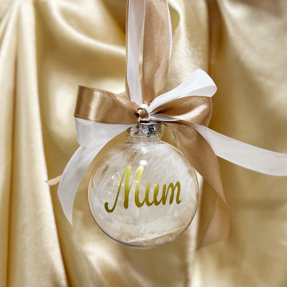 Personalised Feather Christmas Tree Bauble with Double Ribbon Tie