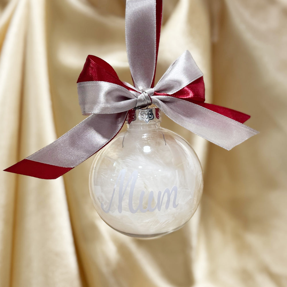 Personalised Feather Christmas Tree Bauble with Double Ribbon Tie