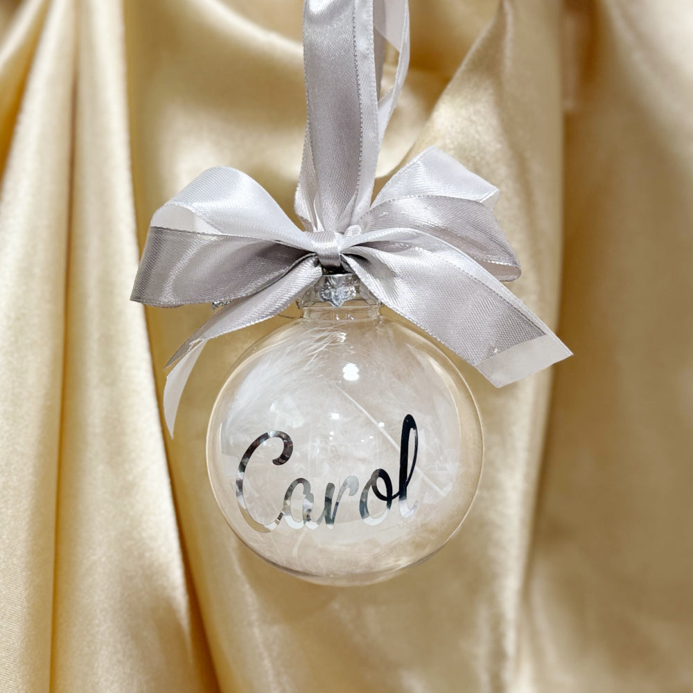 Personalised Feather Christmas Tree Bauble with Double Ribbon Tie