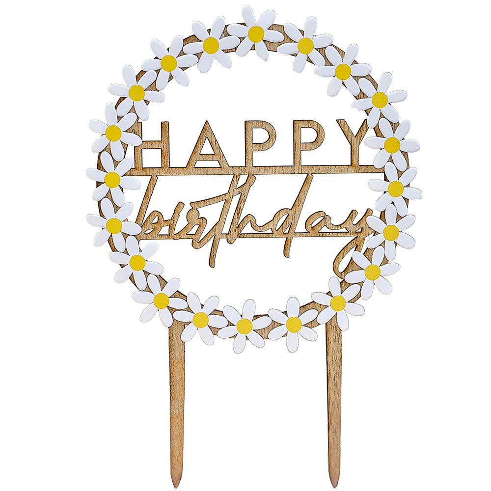 Wooden Happy Birthday Cake Topper with Daisies