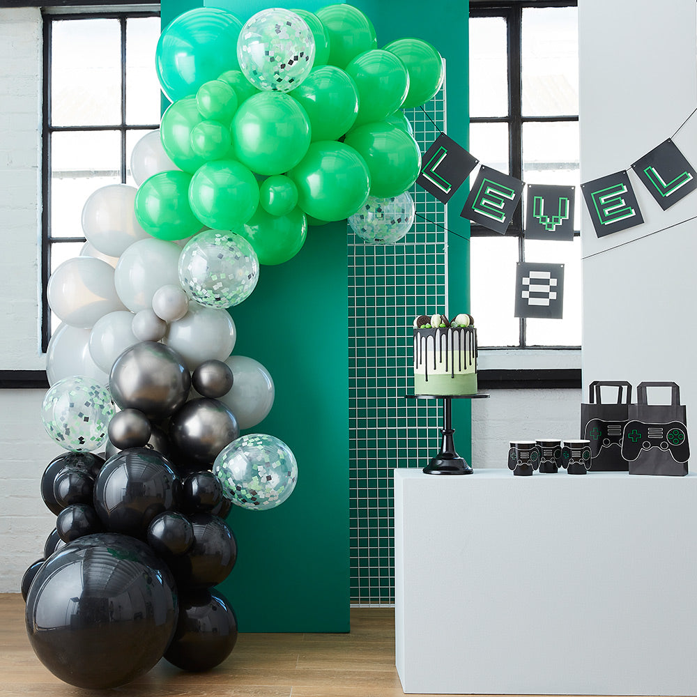 Black, Green and Grey Balloon Arch with Shaped Card Controllers