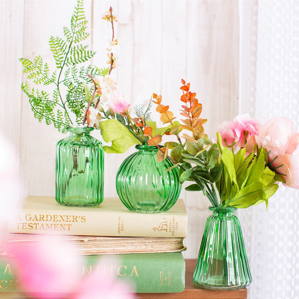 Set of 3 Green Glass Bud Vases