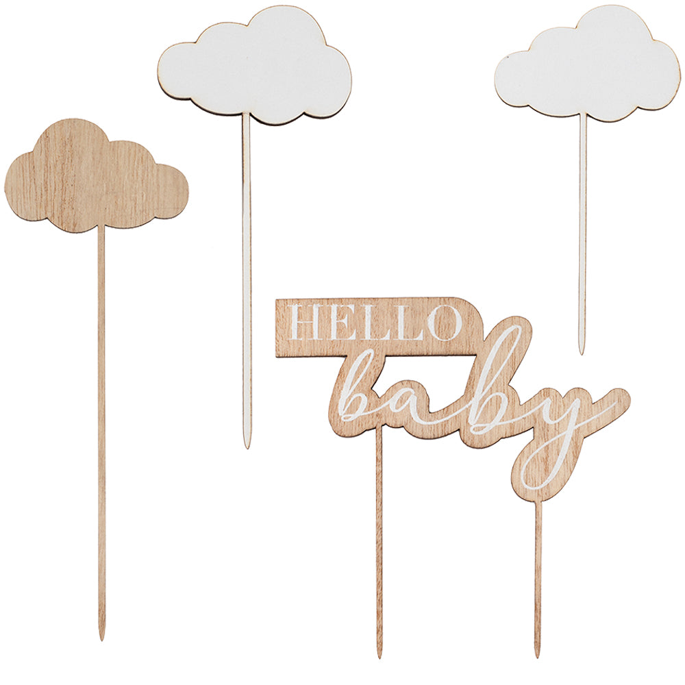 Wooden Hello Baby and Clouds Baby Shower Cake Topper