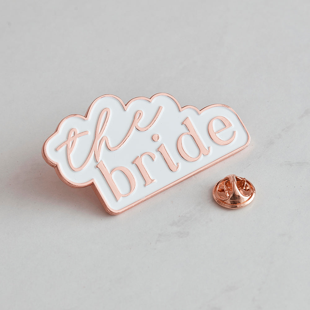 Rose Gold and White The Bride Enamel Hen Party Badge