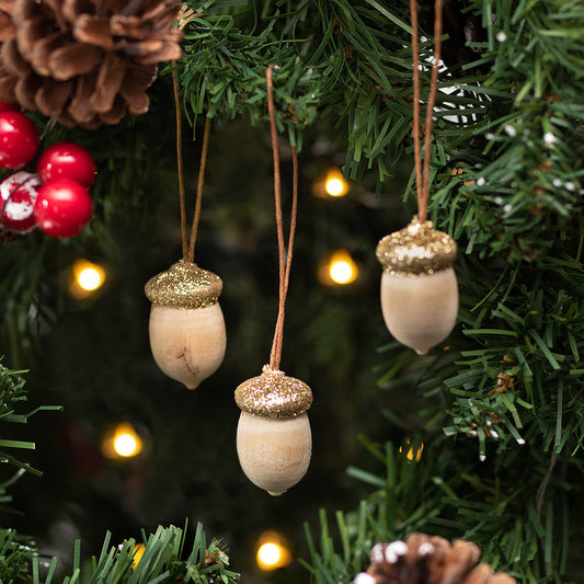 Wooden Gold Glitter Acorn Hanging Decorations