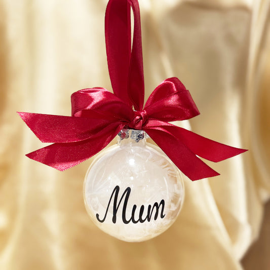 Personalised Feather Christmas Tree Bauble with Double Ribbon Tie