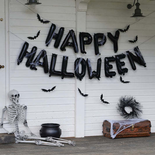 Happy Halloween Balloon Bunting with Hanging Bats and Cobwebs