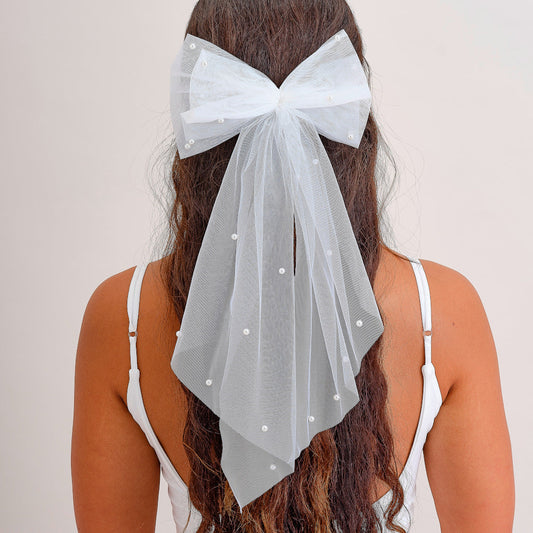 White Hair Bow with Pearls