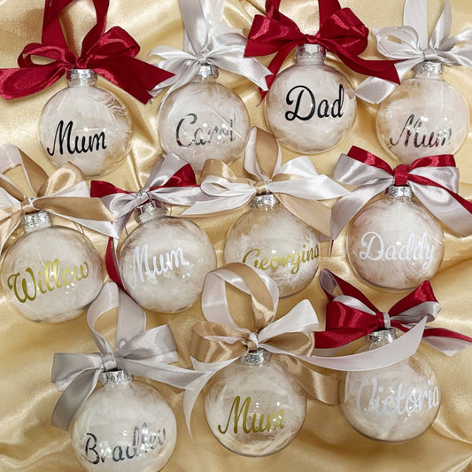 Personalised Feather Christmas Tree Bauble with Double Ribbon Tie