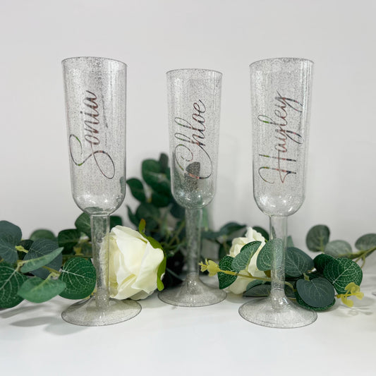 Personalised Silver Glitter Plastic Champagne Flute