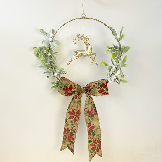 Christmas Wreath with Reindeer Ornament and Floral Ribbon
