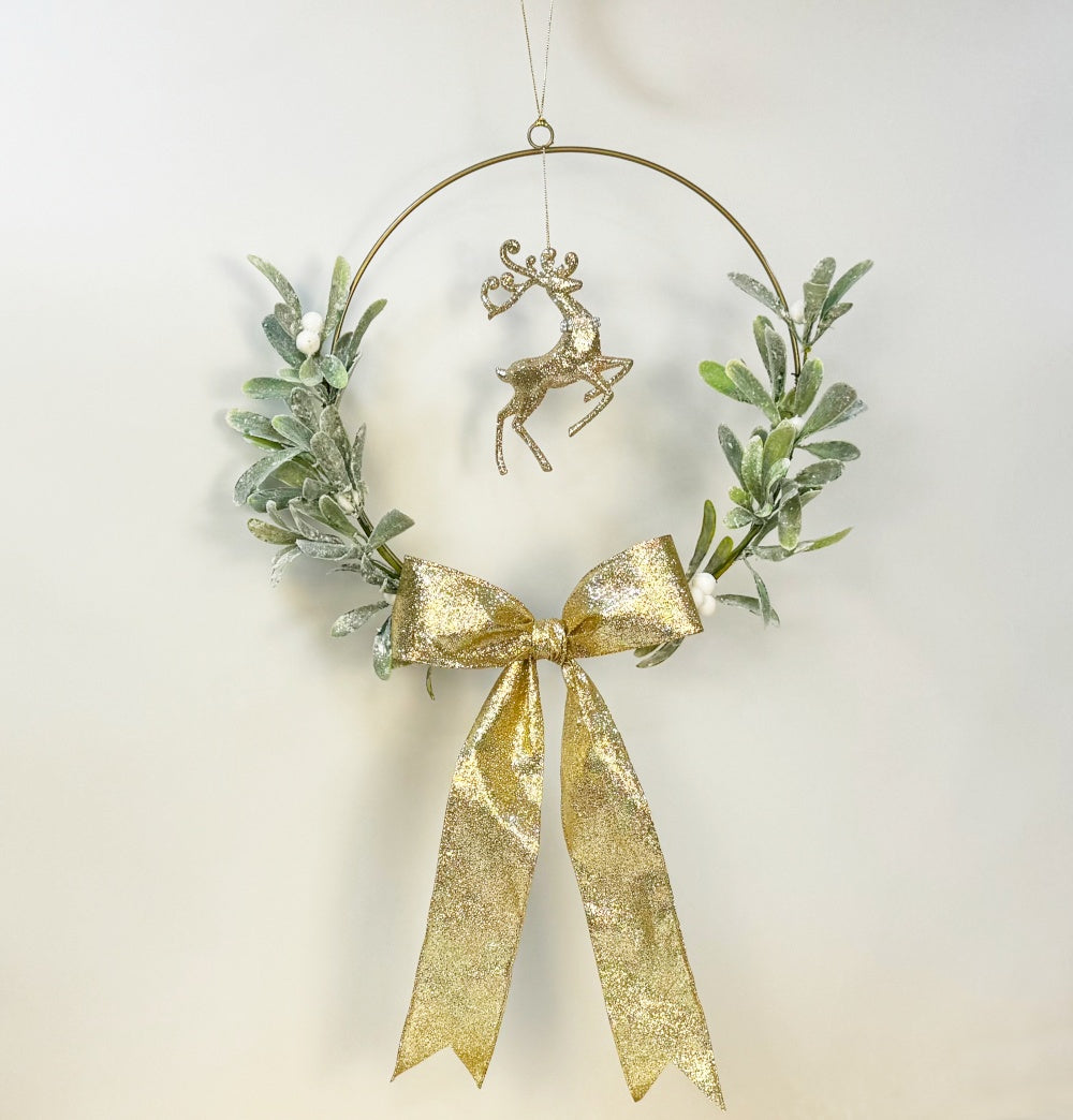 Christmas Wreath with Reindeer Ornament and Gold Ribbon