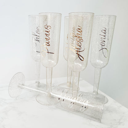 Personalised Silver Glitter Plastic Champagne Flute