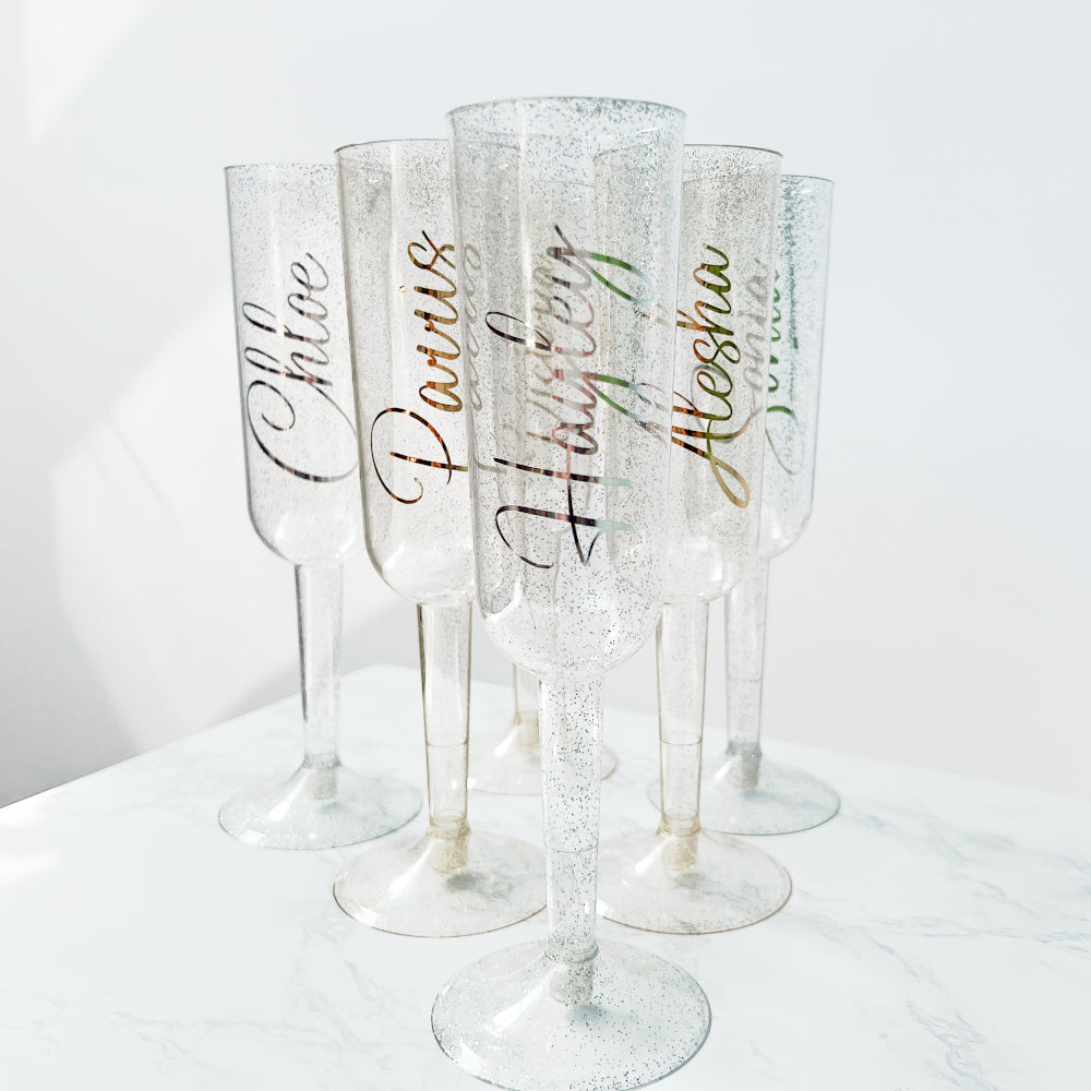 Personalised Silver Glitter Plastic Champagne Flute