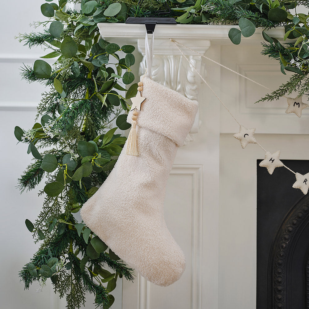 White Boucle Christmas Stocking with Charm