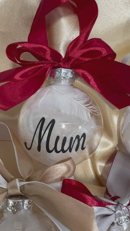 Personalised Feather Christmas Tree Bauble with Double Ribbon Tie