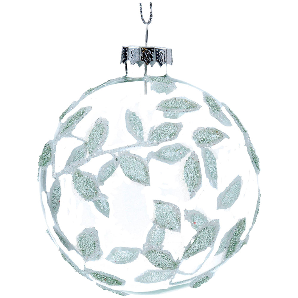 Clear Glass Bauble with Green Glitter Leaf