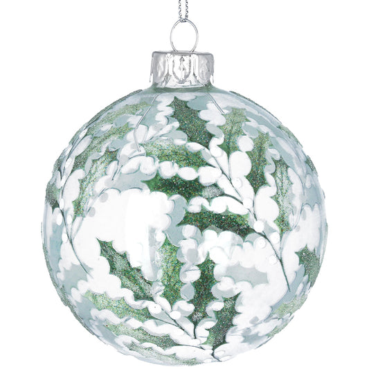 Clear Glass Bauble with Vintage Holly & White Berries