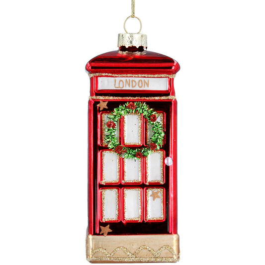 London Phone Box with Wreath Glass Ornament