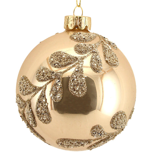 Glass Gold Bauble with Beaded Leaf