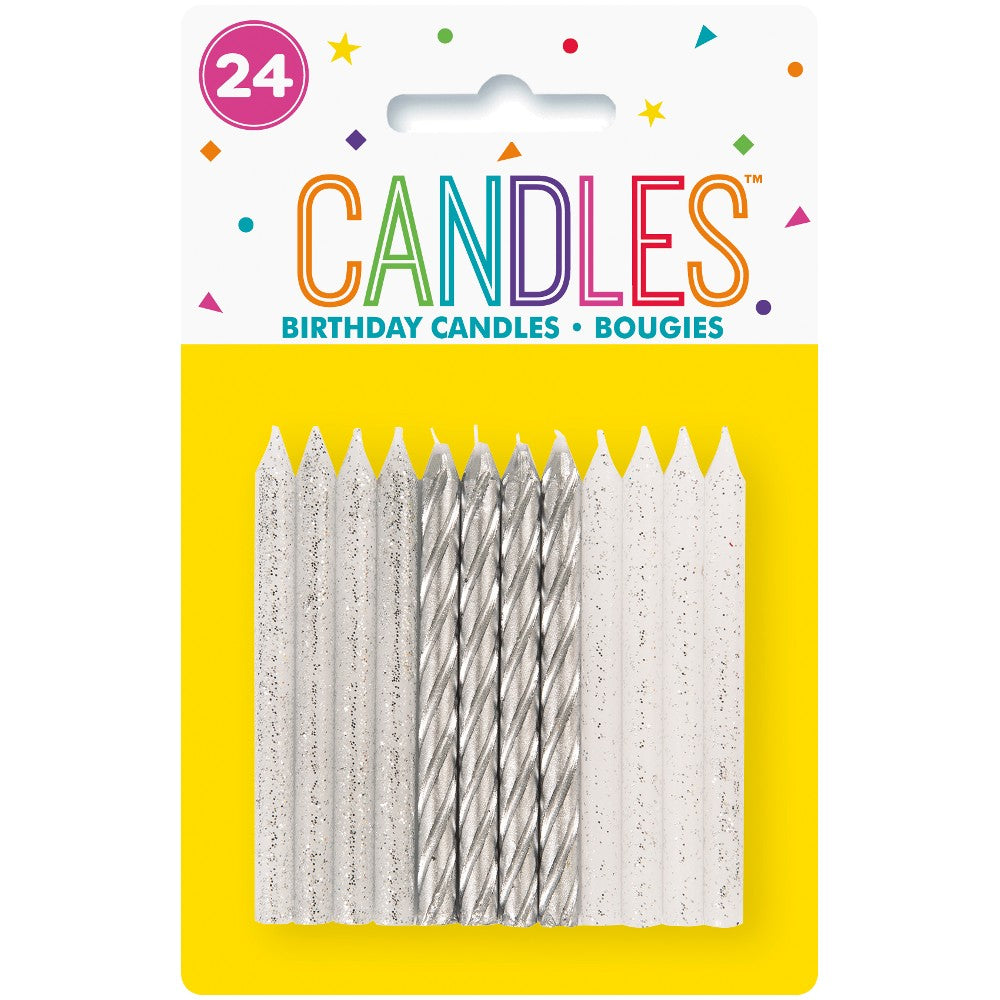 White & Silver Glitter Spriral Birthday Candles