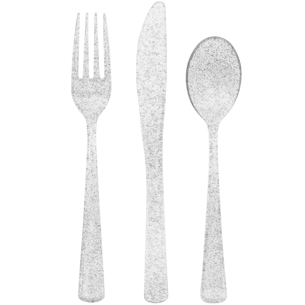 18pc Silver Glitter Plastic Cutlery Set