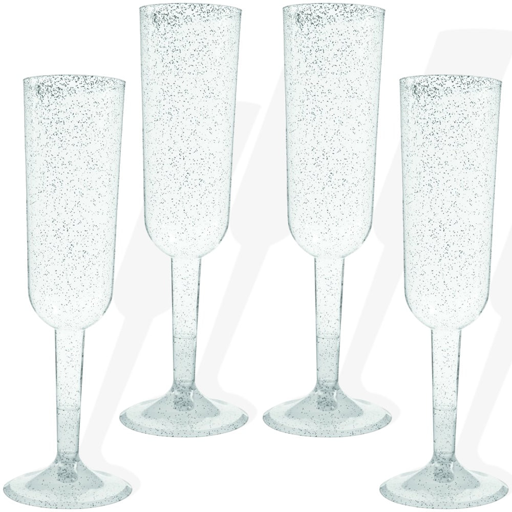 Silver Glitter Plastic Champagne Flutes