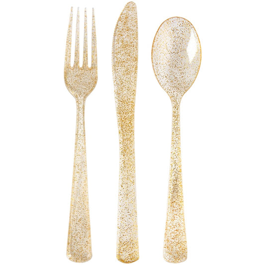 18pc Gold Glitter Plastic Cutlery Set - Unique Party - Party Touches