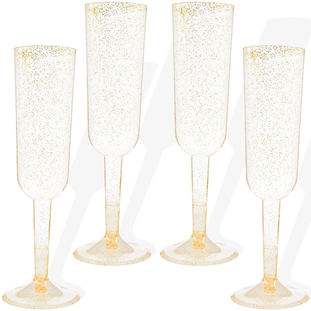 Gold Glitter Plastic Champagne Flutes