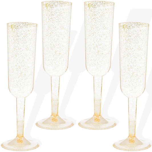Gold Glitter Plastic Champagne Flutes