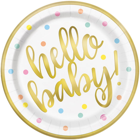Gold Hello Baby 9" Paper Plates