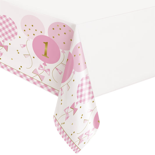 Pink Gingham 1st Birthday Plastic Tablecover