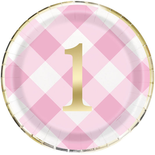 Pink Gingham 1st Birthday Paper Plates