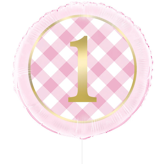 Pink Gingham 1st Birthday Round Foil Balloon