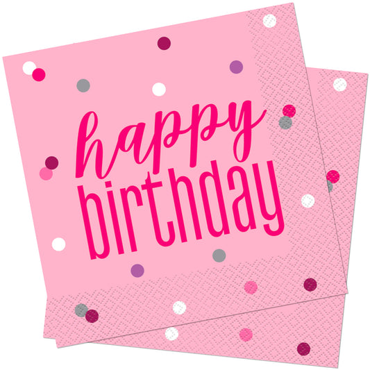 Glitz Pink & Silver Happy Birthday Napkins