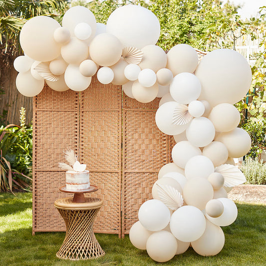 Nude & White Balloon Arch with Paper Fans