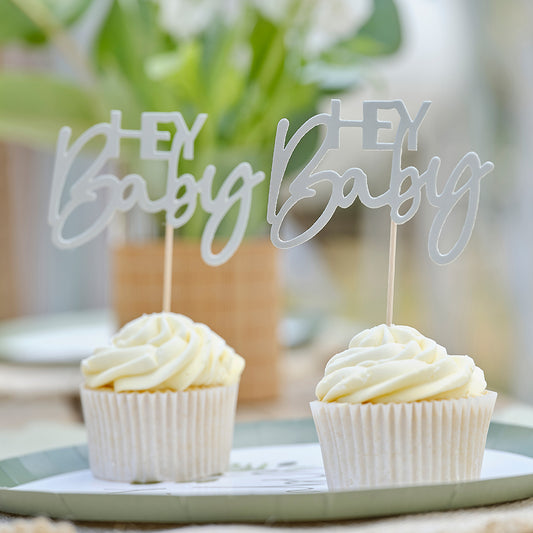 Hey Baby Sage Baby Shower Cupcake Toppers