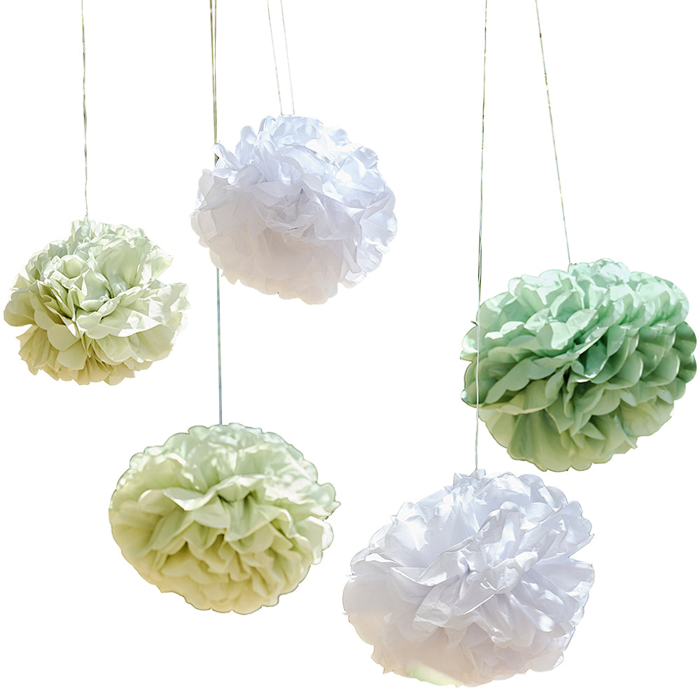 Sage and White Pom Pom Hanging Decorations