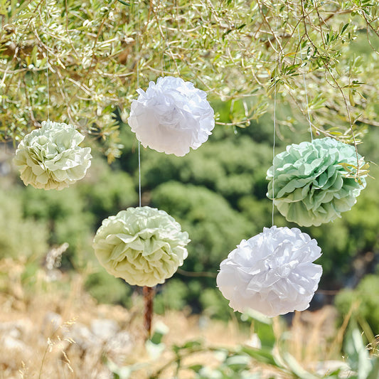 Sage and White Pom Pom Hanging Decorations