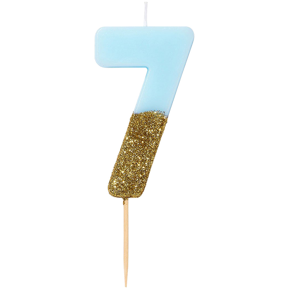 We Heart Birthday Blue Glitter Number Candle 7
