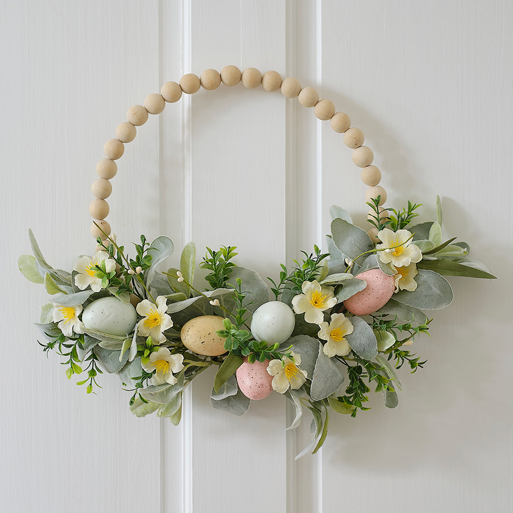 Wooden Bead and Foliage Spring Wreath