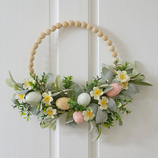 Wooden Bead and Foliage Spring Wreath