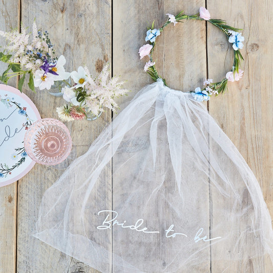 Bride to Be Hen Party Veil With Floral Crown
