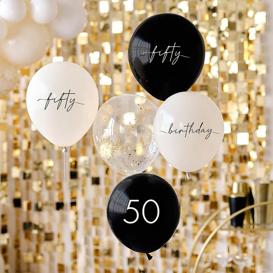 Black, Nude, Cream and Champagne Gold 50th Birthday Party Balloons