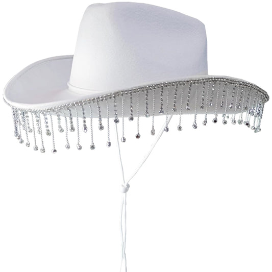 White Cowboy Hat with Diamante Droplets