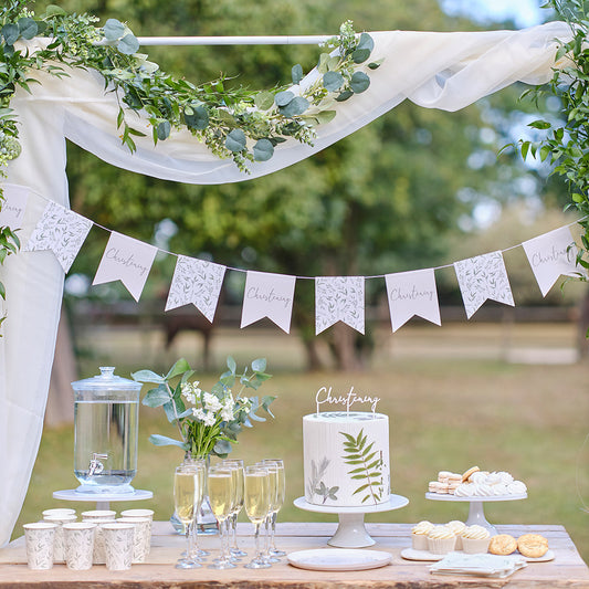 White and Green Botanical Christening Bunting